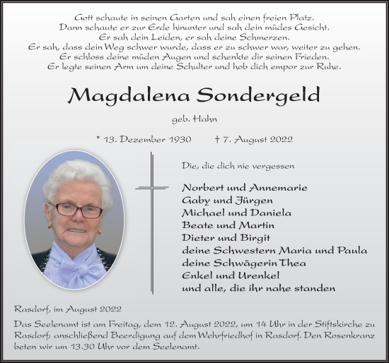 Traueranzeige von Magdalena Sondergeld von FZ