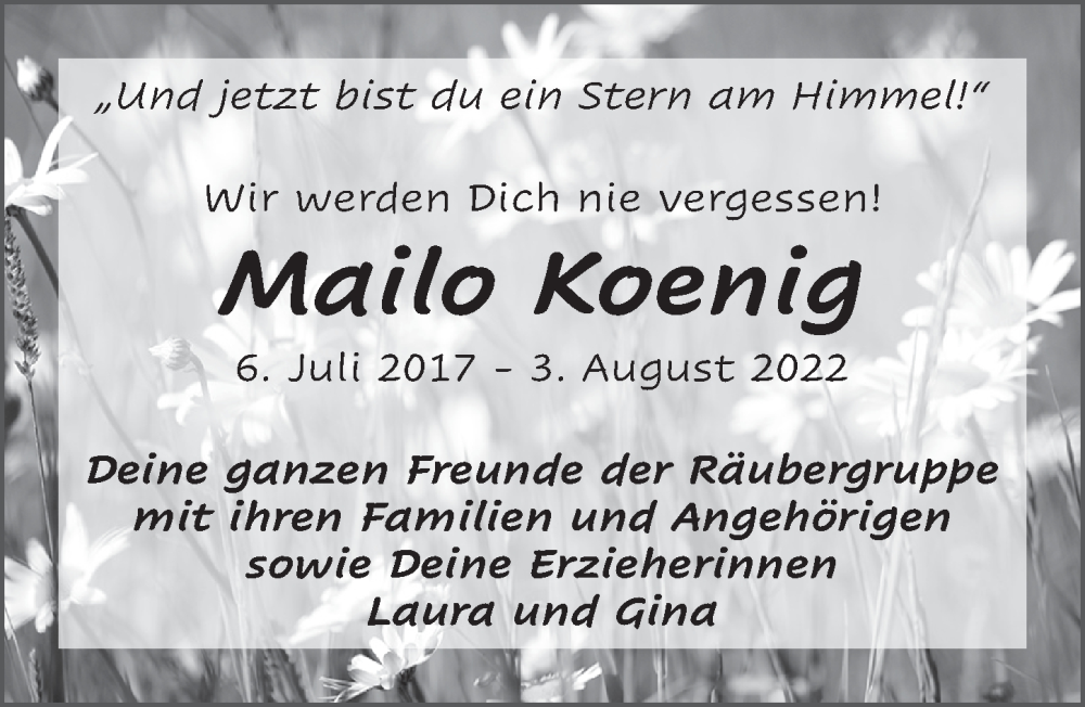  Traueranzeige für Mailo Koenig vom 11.08.2022 aus FZ