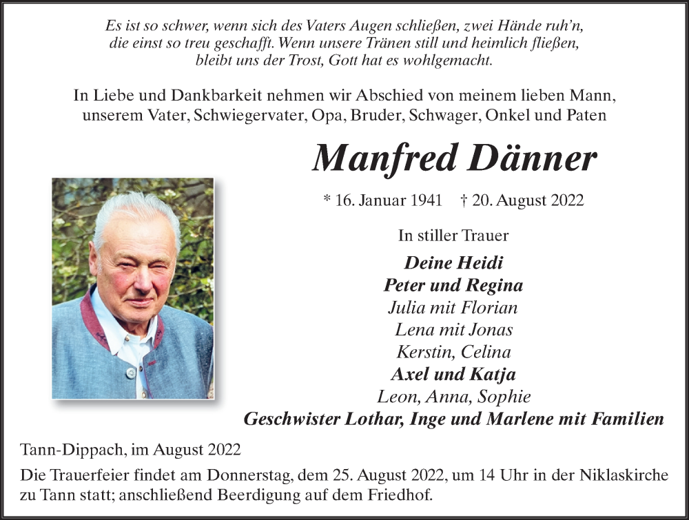  Traueranzeige für Manfred Dänner vom 23.08.2022 aus FZ