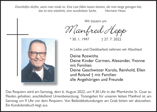 Traueranzeige von Manfred Hepp von FZ