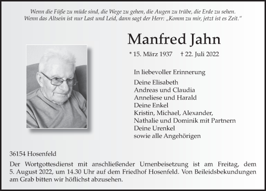 Traueranzeige von Manfred Jahn von FZ