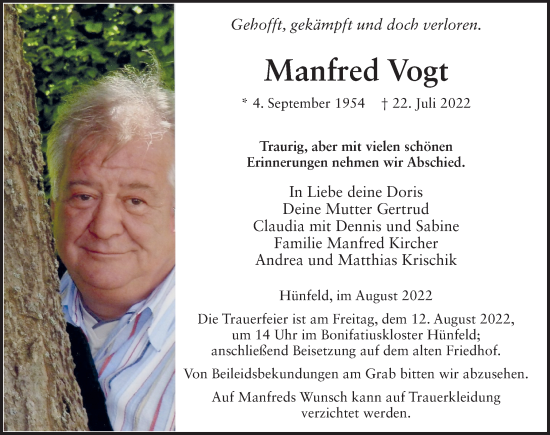 Traueranzeige von Manfred Vogt von FZ
