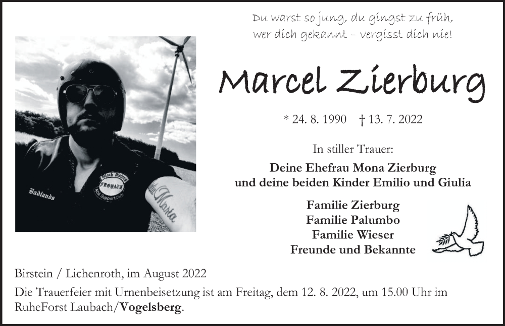  Traueranzeige für Marcel Zierburg vom 06.08.2022 aus FZ