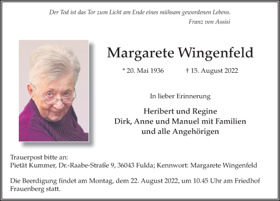Traueranzeige von Margarete Wingenfeld von FZ