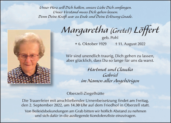 Traueranzeige von Margaretha Löffert von FZ
