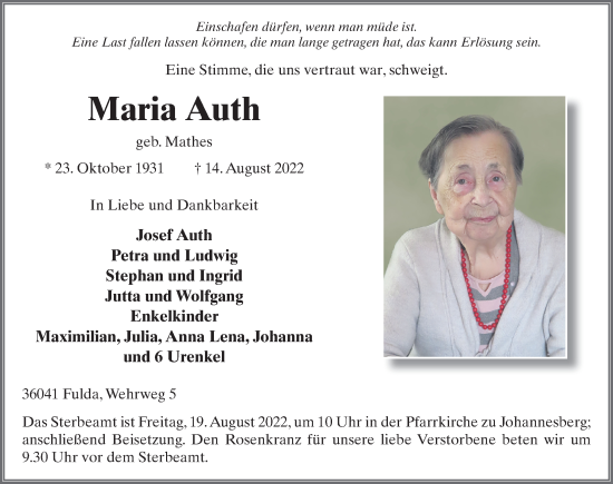 Traueranzeige von Maria Auth von FZ