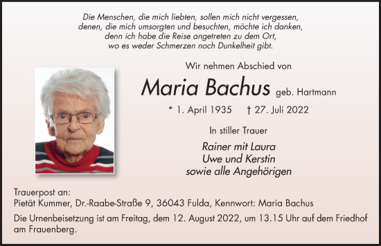 Traueranzeige von Maria Bachus von FZ