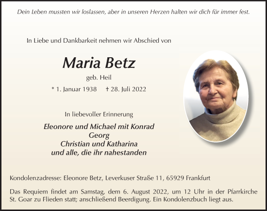 Traueranzeige von Maria Betz von FZ