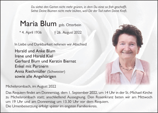 Traueranzeige von Maria Blum von FZ