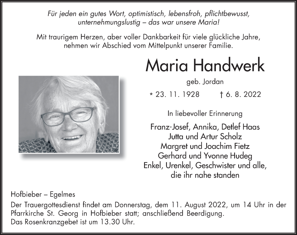  Traueranzeige für Maria Handwerk vom 09.08.2022 aus FZ