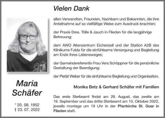 Traueranzeige von Maria Schäfer von FZ