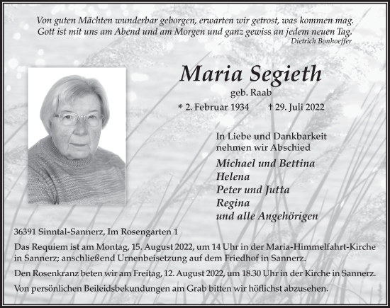 Traueranzeige von Maria Segieth von FZ