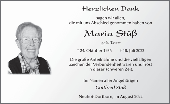 Traueranzeige von Maria Stüß von FZ
