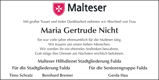 Traueranzeige von Maria Gertrude Nicht von FZ