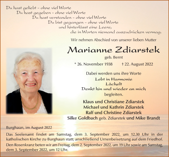 Traueranzeige von Marianne Zdiarstek von FZ