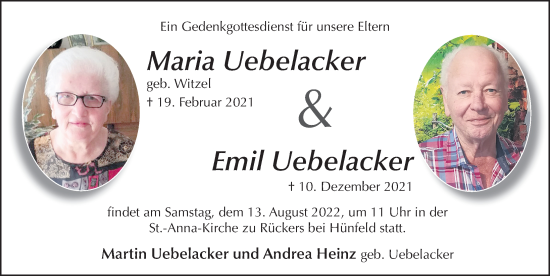 Traueranzeige von Maria und Emil Uebelacker von FZ