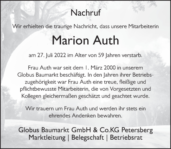 Traueranzeige von Marion Auth von FZ