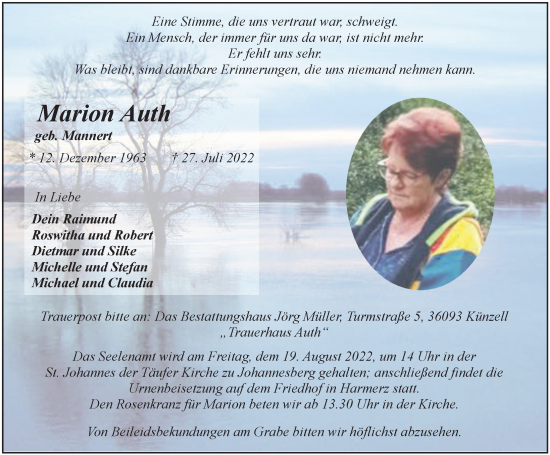 Traueranzeige von Marion Auth von FZ