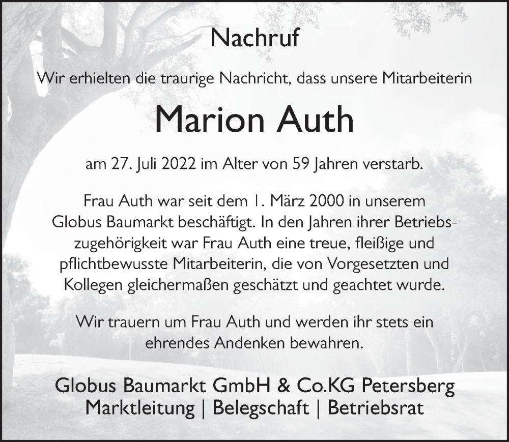 Traueranzeige für Marion Auth vom 15.08.2022 aus FZ