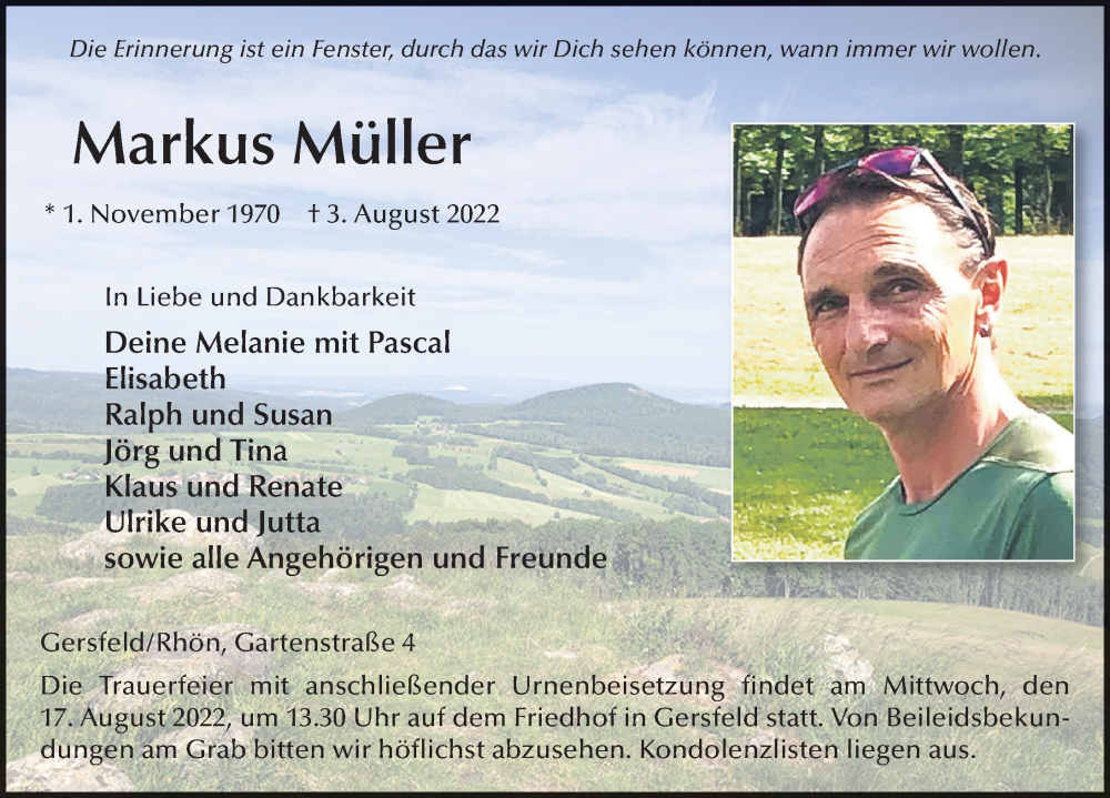  Traueranzeige für Markus Müller vom 12.08.2022 aus FZ