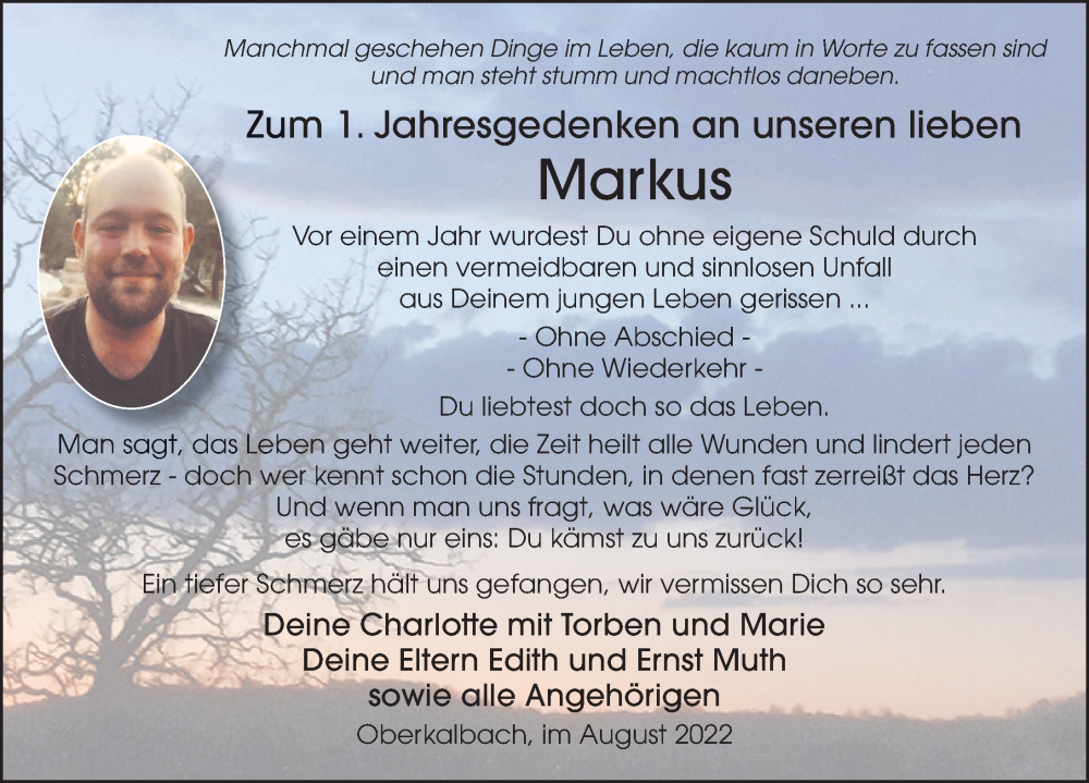  Traueranzeige für Markus Muth vom 13.08.2022 aus FZ