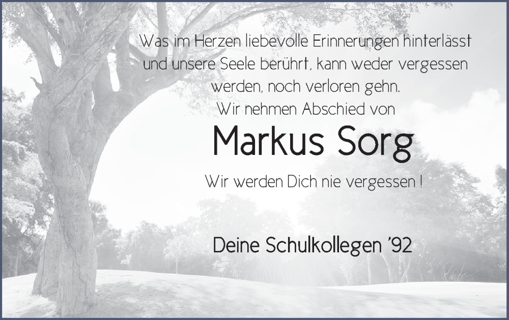  Traueranzeige für Markus Sorg vom 08.08.2022 aus FZ
