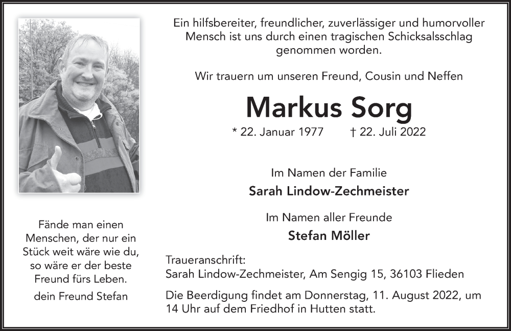  Traueranzeige für Markus Sorg vom 08.08.2022 aus FZ