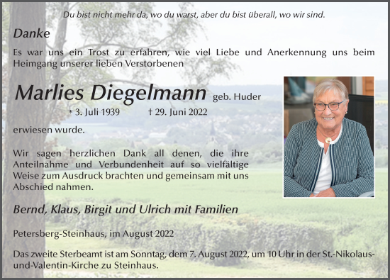 Traueranzeige von Marlies Diegelmann von FZ