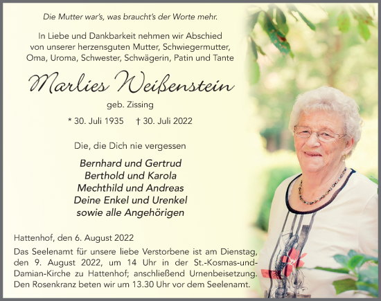 Traueranzeige von Marlies Weißenstein von FZ