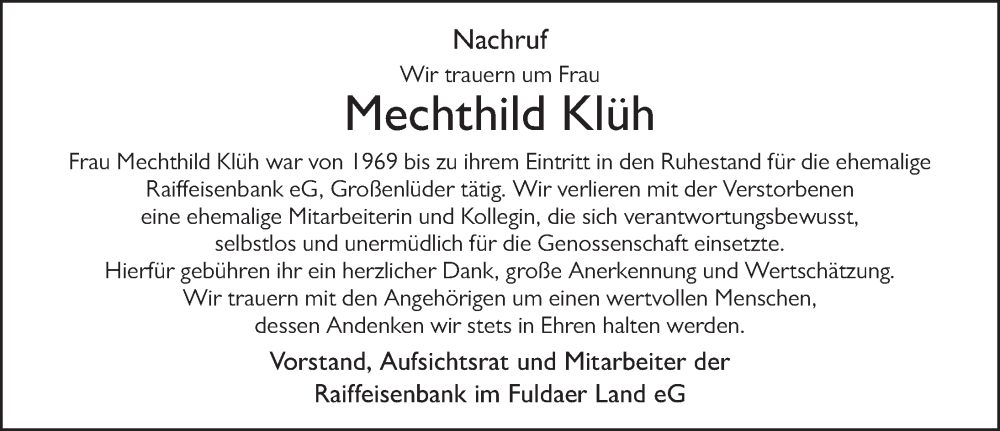  Traueranzeige für Mechthild Klüh vom 13.08.2022 aus FZ