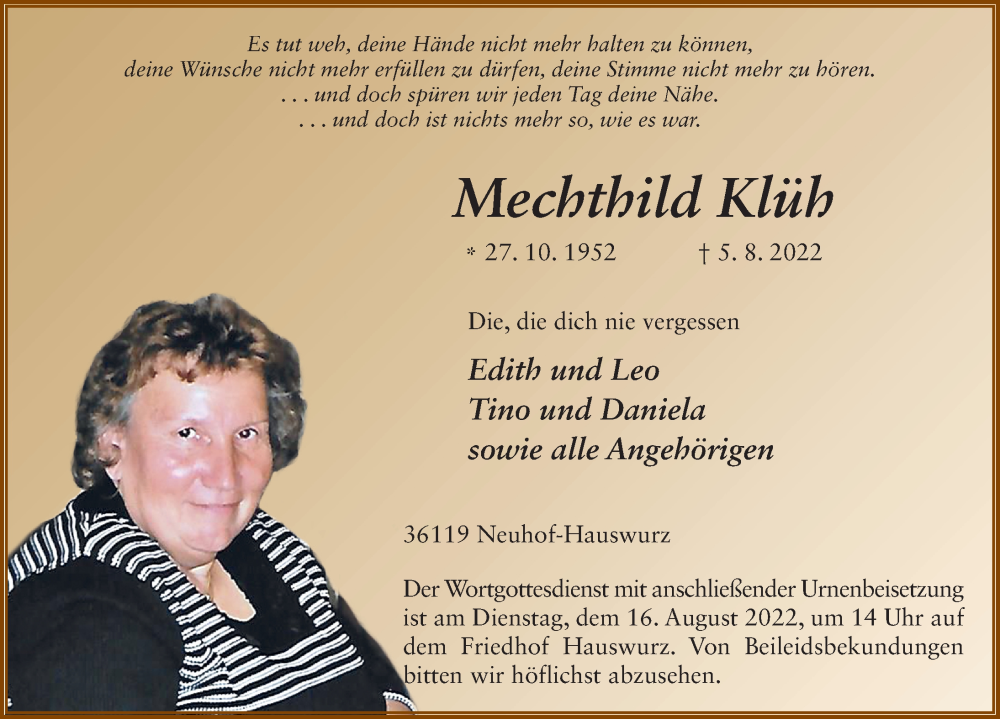  Traueranzeige für Mechthild Klüh vom 13.08.2022 aus FZ