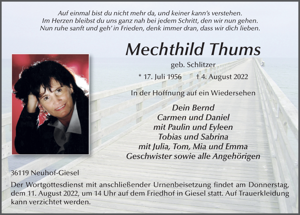  Traueranzeige für Mechthild Thums vom 09.08.2022 aus FZ