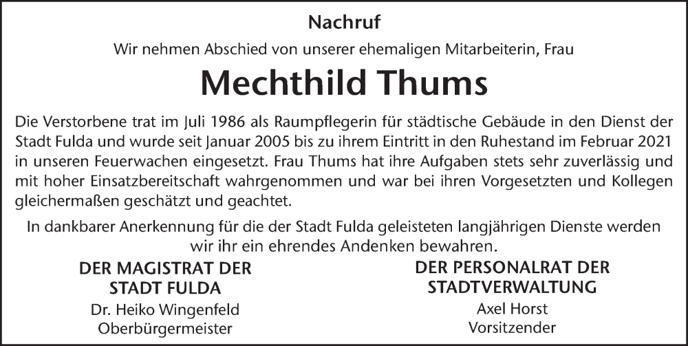  Traueranzeige für Mechthild Thums vom 09.08.2022 aus FZ