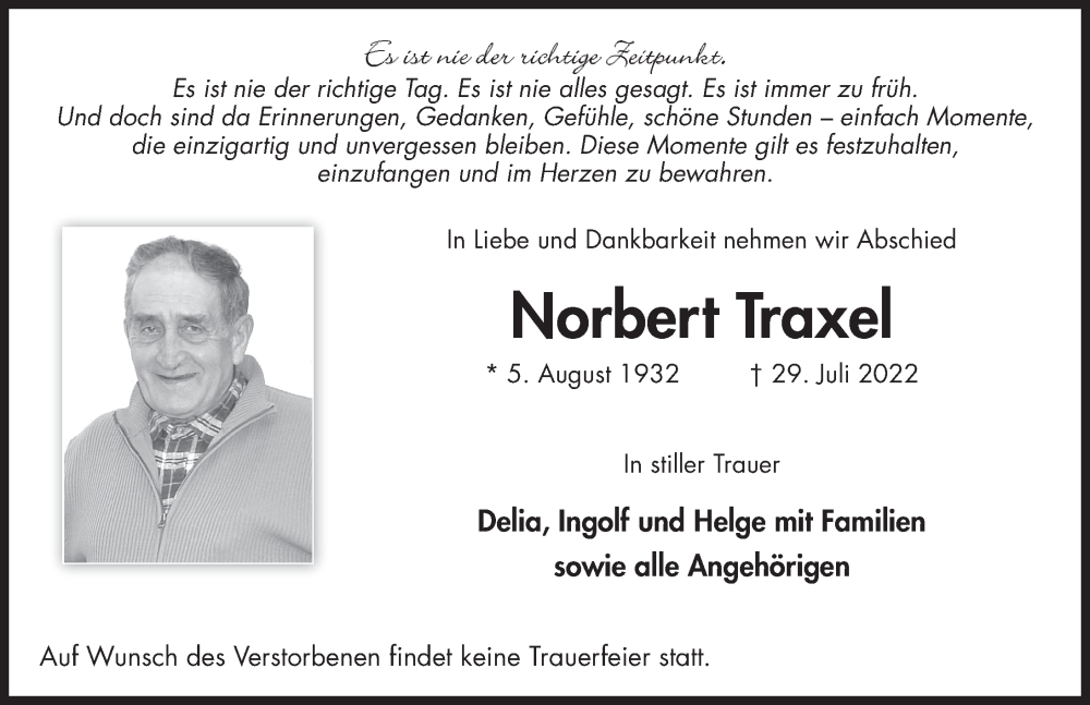  Traueranzeige für Norbert Traxel vom 06.08.2022 aus FZ
