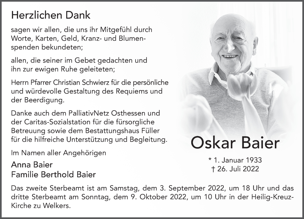  Traueranzeige für Oskar Baier vom 27.08.2022 aus FZ