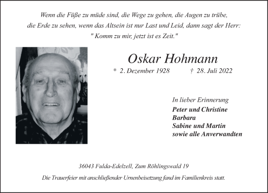 Traueranzeige von Oskar Hohmann von FZ