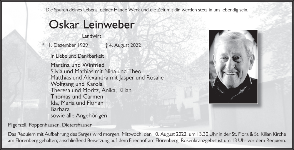  Traueranzeige für Oskar Leinweber vom 09.08.2022 aus FZ