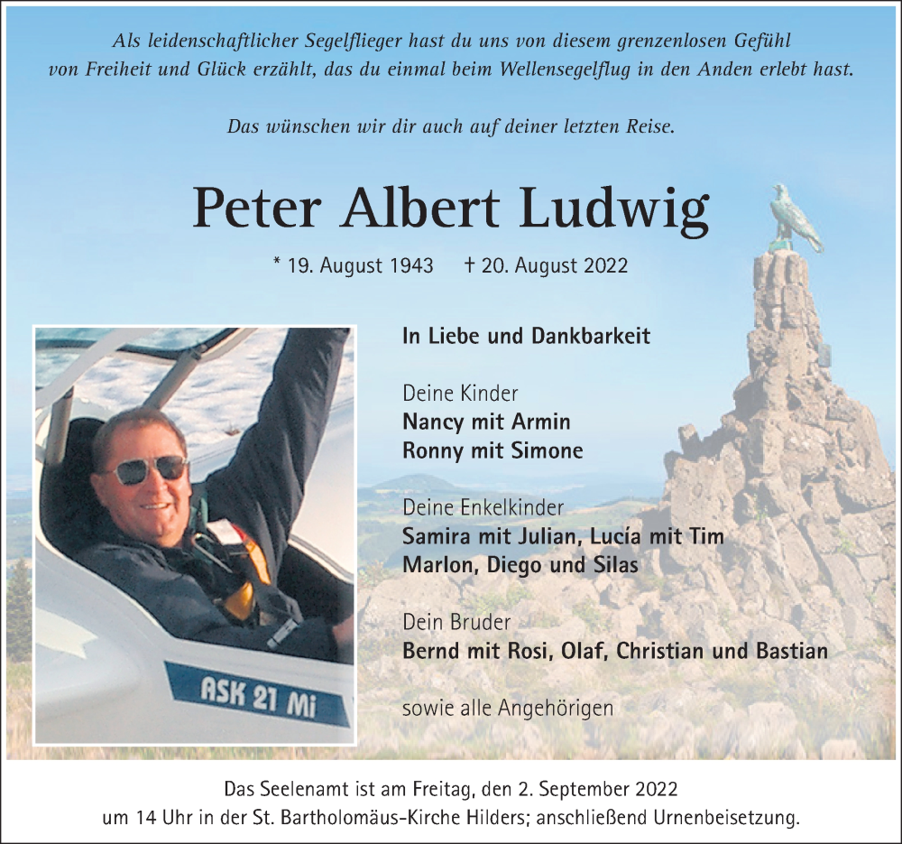  Traueranzeige für Peter Albert Ludwig vom 31.08.2022 aus FZ