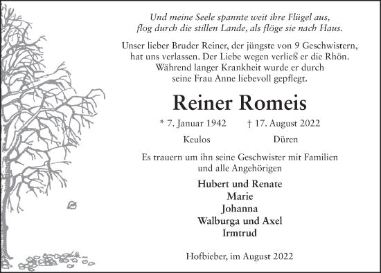 Traueranzeige von Reiner Romeis von FZ