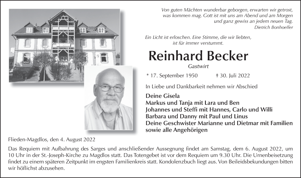  Traueranzeige für Reinhard Becker vom 04.08.2022 aus FZ