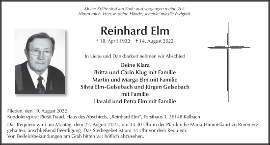 Traueranzeige von Reinhard Elm von FZ