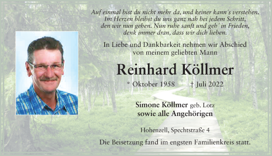 Traueranzeige von Reinhard Köllmer von FZ