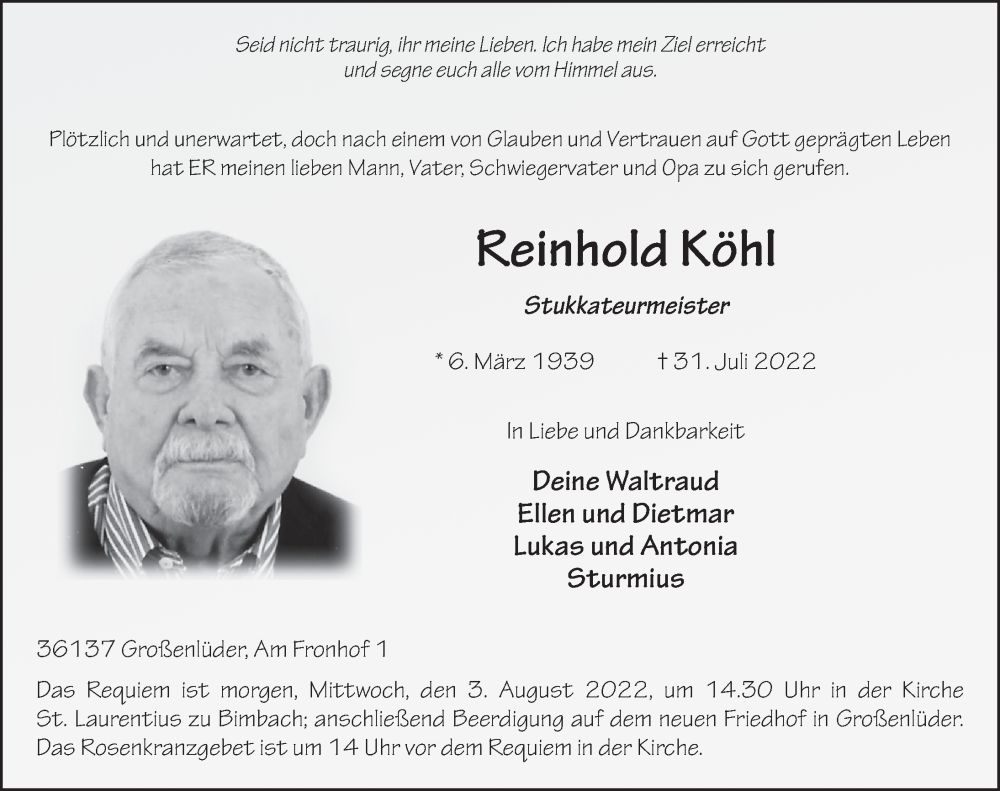  Traueranzeige für Reinhold Köhl vom 02.08.2022 aus FZ