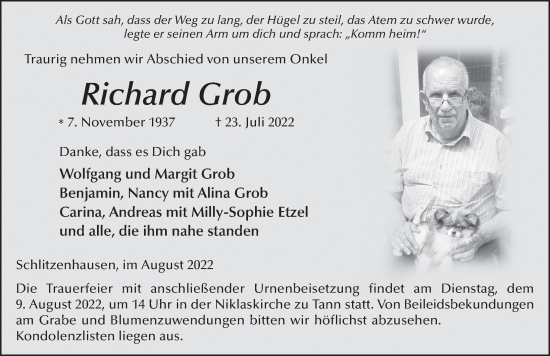 Traueranzeige von Richard Grob von FZ
