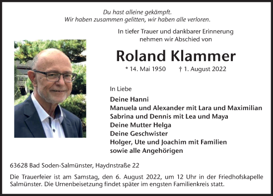 Traueranzeige von Roland Klammer von FZ