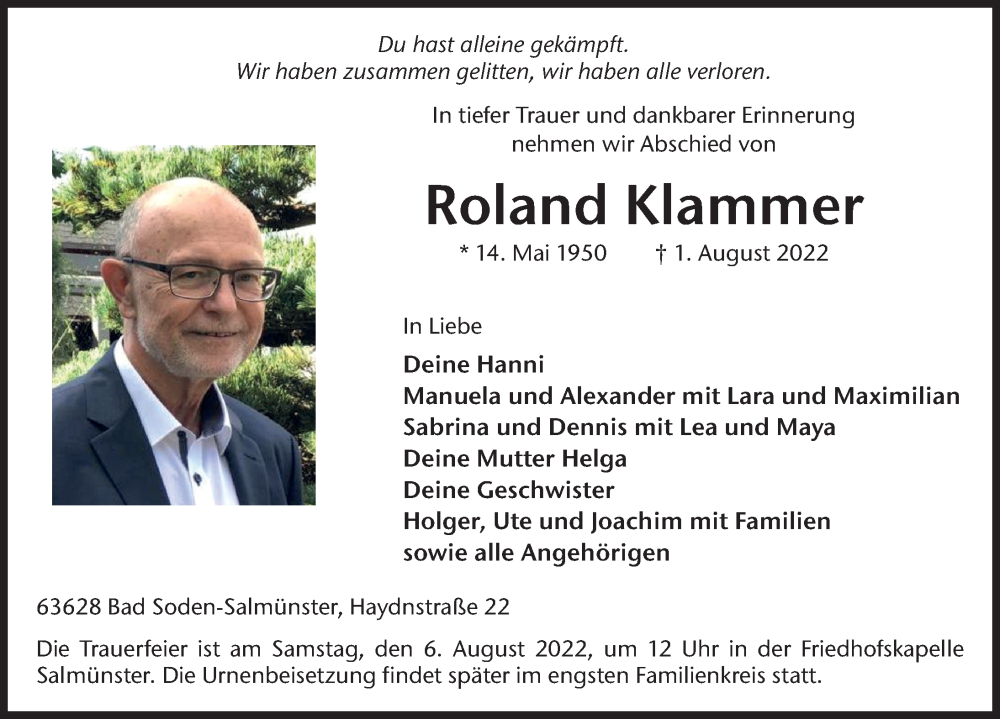  Traueranzeige für Roland Klammer vom 04.08.2022 aus FZ