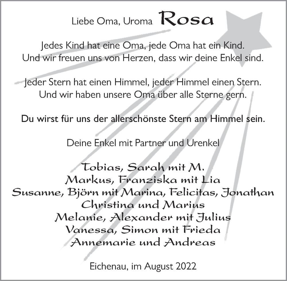  Traueranzeige für Rosa Hübl vom 31.08.2022 aus FZ