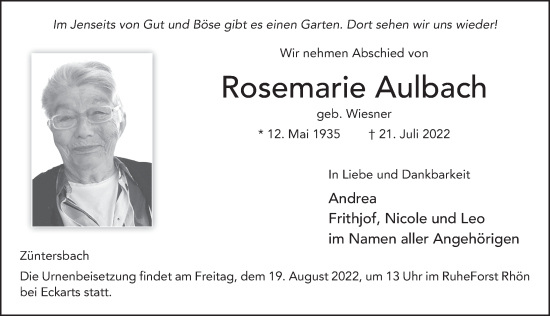 Traueranzeige von Rosemarie Aulbach von FZ