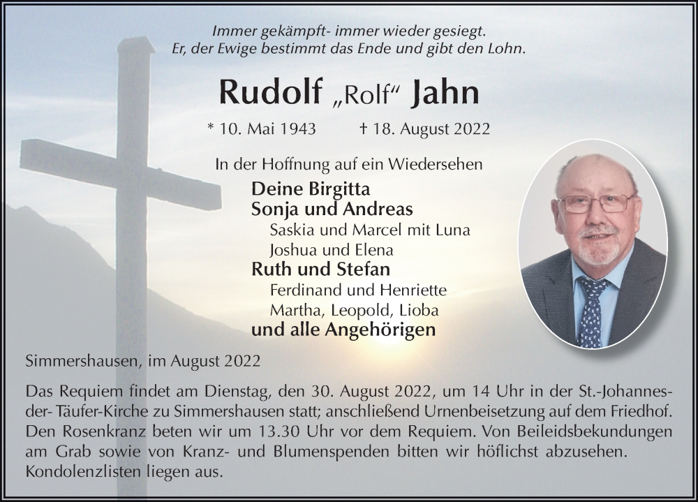  Traueranzeige für Rudolf Jahn vom 26.08.2022 aus FZ