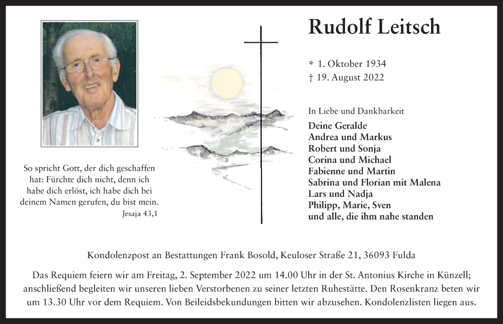  Traueranzeige für Rudolf Leitsch vom 30.08.2022 aus FZ